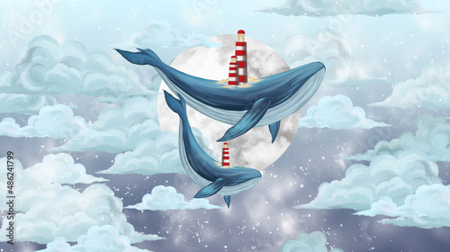 Obraz dwa wieloryby pływające w gwieździstym niebie z chmurami i księżycem