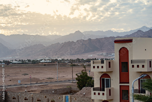 Beautiful sunset in Dahab, mountains view from the roof.