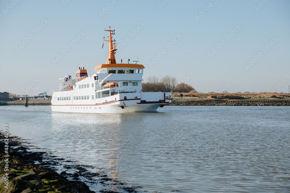 Passenger ship on the North Sea. Ship transports tourists to a North Sea island in Germany 