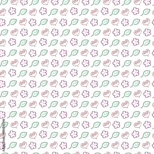 Spring pattern with leaves, flowers and hearts on a transparent background