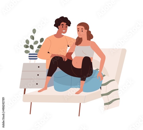 Pregnant woman in sitting labor position. Doula helping mother in pregnancy in squatting pose, assisting for baby delivery, supporting childbirth. Flat vector illustration isolated on white background