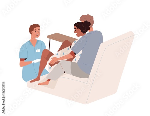 Childbirth with partner in hospital. Baby delivery with obstetrician and husband. Pregnant woman with companion during labor, child birth. Flat graphic vector illustration isolated on white background