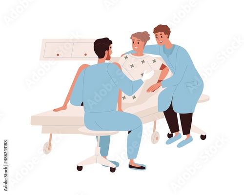 Pregnant woman and partner during childbirth in hospital. Obstetrician delivering baby, husband supporting wife in labor. Child birth with nurse. Flat vector illustration isolated on white background
