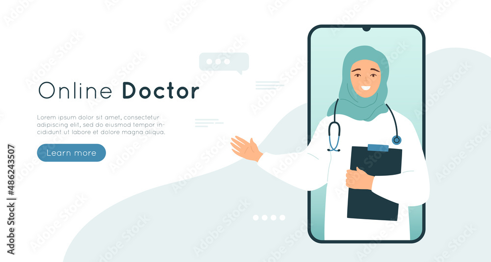 Online doctor banner. Muslim physician with stethoscope holding clipboard. Woman portrait in mobile phone, concept of web consultation. Vector illustration.