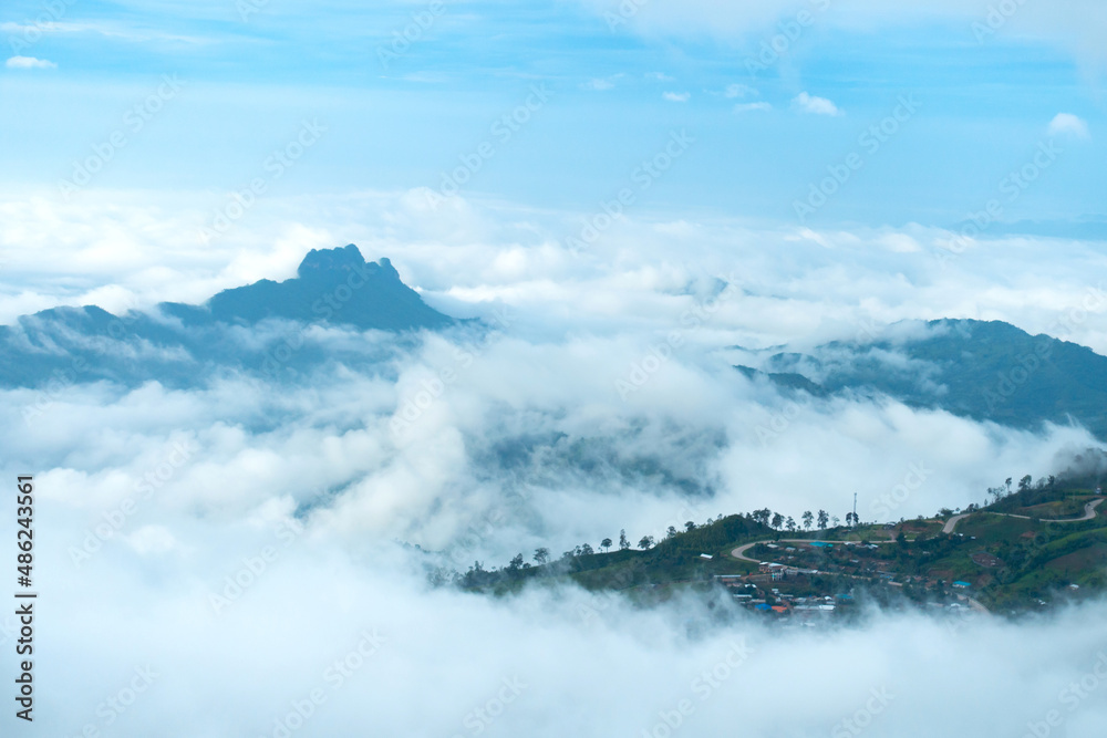 Aerial view of mountain hills with white cloud on the sunset time,Thailand,ASIA.