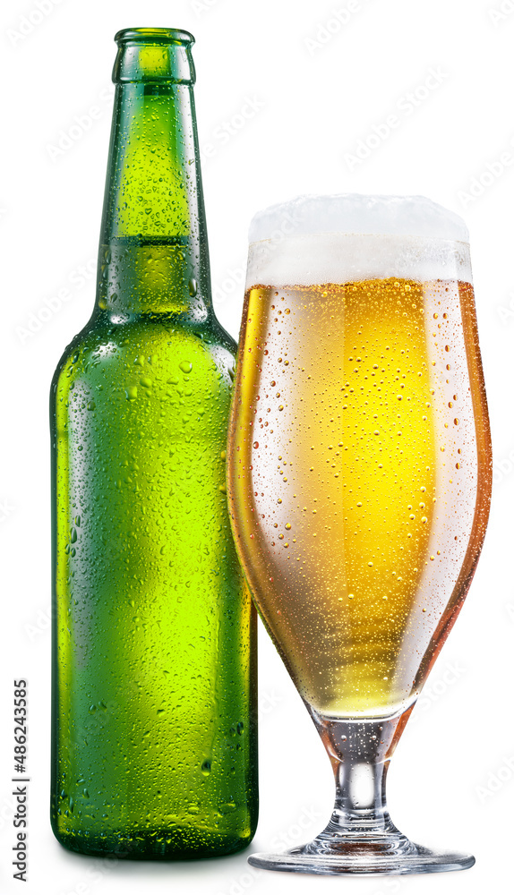 Bottle of cold light beer and glass of beer isolated on a white background. File contains clipping path. Bottle of cold light beer and glass of beer isolated on a white background. File contains clipping path.