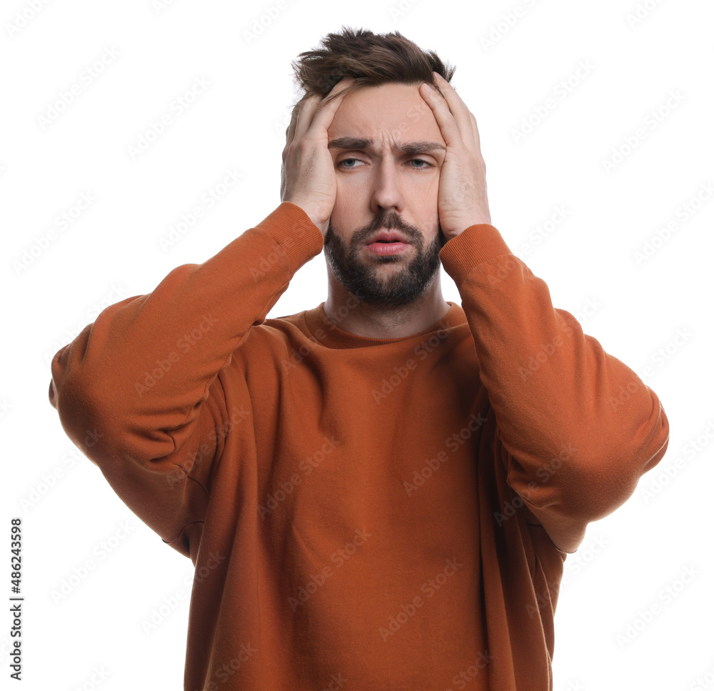 Man suffering from headache on white background. Cold symptoms Man suffering from headache on white background. Cold symptoms