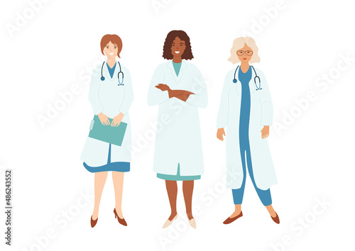 Female doctors, diverse healthcare professional team. Young women in medical uniform, with stethoscope. Vector illustration.