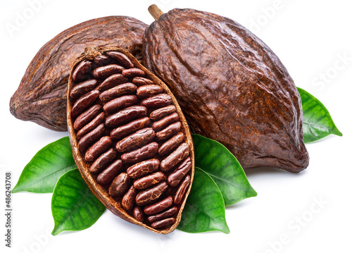 Foto Cocoa pods with cocoa leaves isolated on a white background.