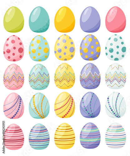 Bright, multi-colored, ornamented, circled and striped plow eggs on a white background.