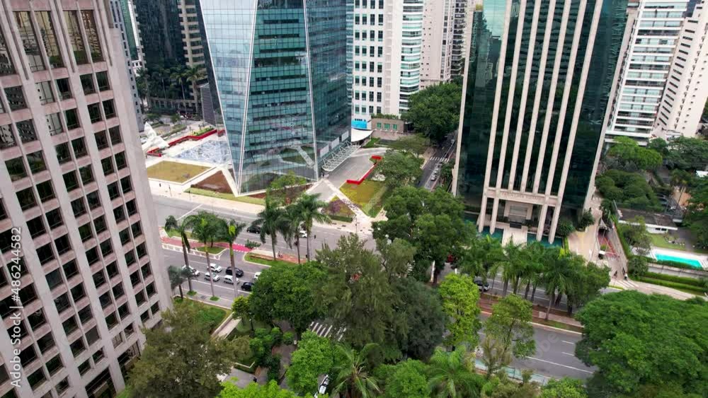 Corporate buildings at famous Faria Lima Avenue at downtown district of Sao Paulo Brazil. Financial center office building at downtown city landmark. Aerial urban landscape.