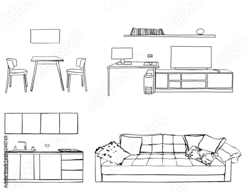 Set of different interior hand drawn sketch. Kitchen, living room, bedroom, workplace.