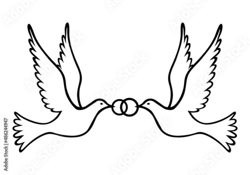 Pair of doves holding wedding rings icon
