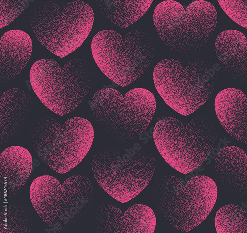 Vector Stipple Classic Hearts Pink Black Seamless Pattern Romantic Valentine's Day Background Abstract Wallpaper. Dotted Heart Graphic Love Sign Wrapping Paper Pattern. Tileable Art Illustration