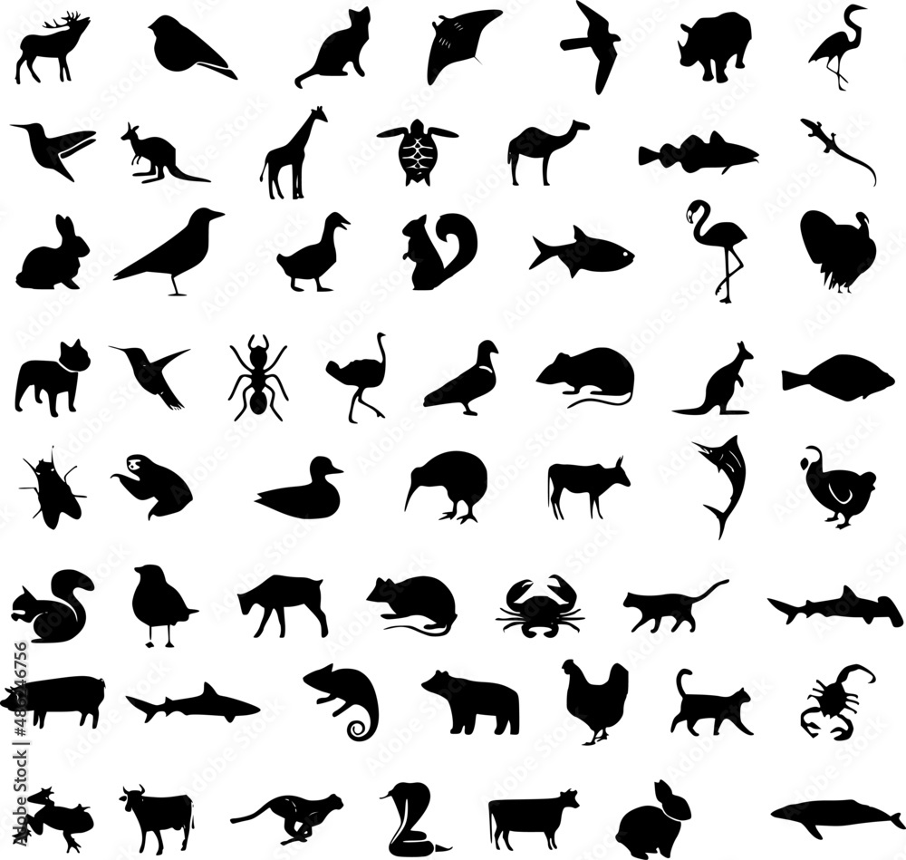 Set of black silhouettes of animals