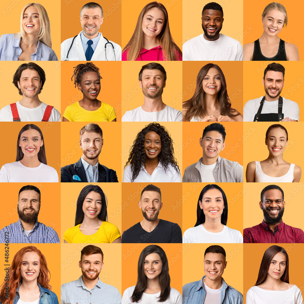 Happy Emotions. Set Of Smiling Faces Of Diverse Multiethnic Women And Men Happy Emotions. Set Of Smiling Faces Of Diverse Multiethnic Women And Men