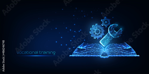 Futuristic vocational training concept with glowing gears, wrench and book isolated on dark blue photo