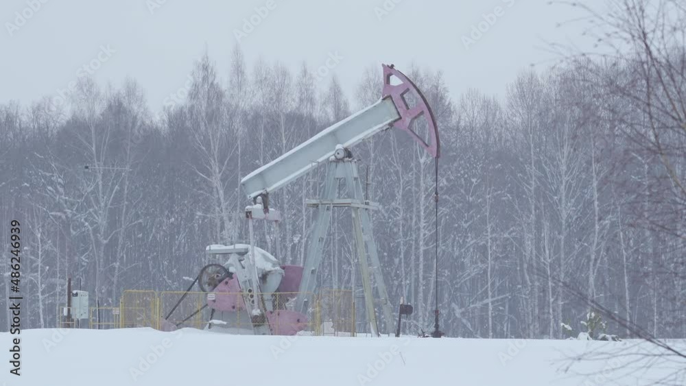 One oil pump works in winter against the background of a forest in a snowfall One oil pump works in winter against the background of a forest in a snowfall