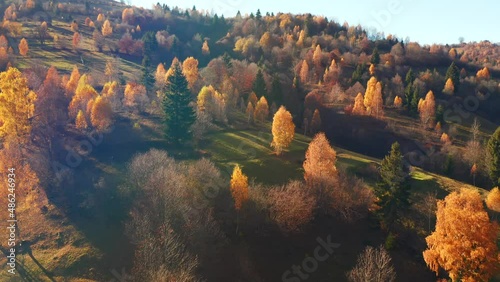 Autumn scene of a rolling hills in morning light. Filmed in 4k, drone video.