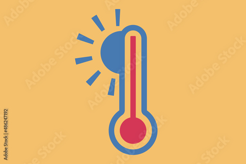 Rising global temperature. Climate change impacts an effects icon. Thermometer at maximum temperature. Color flat design illustration. 
