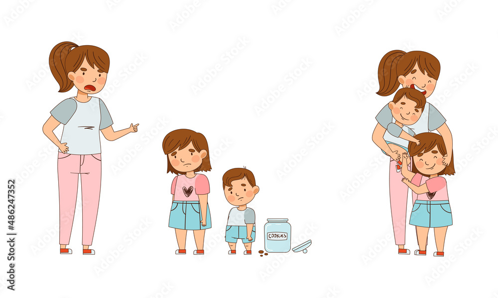 Young Mother Embracing Her Kids and Scolding for Eaten Cookies as Family Relations Vector Illustration Set Young Mother Embracing Her Kids and Scolding for Eaten Cookies as Family Relations Vector Illustration Set