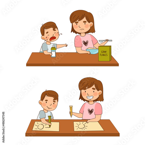 Sister with Her Little Brother at Table Drawing with Pencil and Eating Breakfast as Family Relations Vector Illustration Set