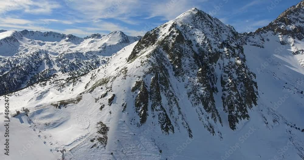 Winter nature aerial landscape flight over snow mountains