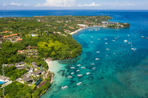Aerial view of various villa and hotel along Nusa Lembongan coast line, a small island off Bali in Indonesia in Southeast Asia