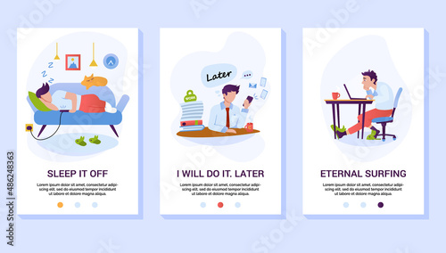 Man relaxing on the couch Procrastination, Postponing Work. Lazy Businesspeople Spend Unprofitable Time in home Office, I will do it later, remote work concept, Cartoon Flat Vector Illustration photo