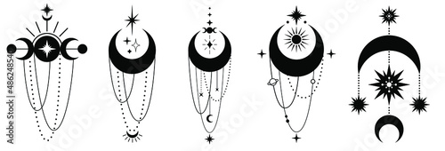 moon phases, crescent, sun, set of celestial bodies and mystic magical elements in vintage boho style. celestial bodies