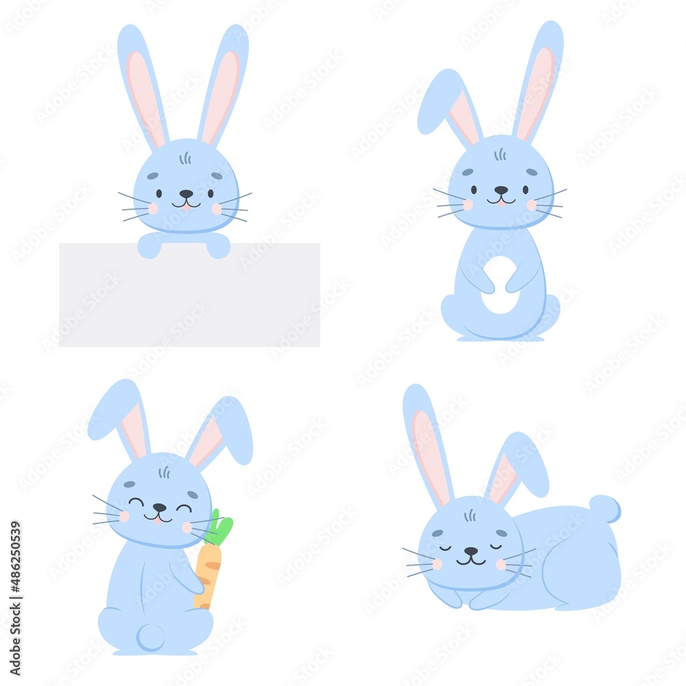 Set of sweet and cute blue bunny rabbits on white background in cartoon flat style. Vector clip art character children illustration. Set of sweet and cute blue bunny rabbits on white background in cartoon flat style. Vector clip art character children illustration.