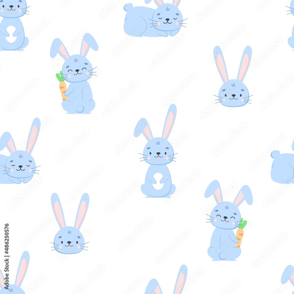 Seamless pattern with sweet and cute blue bunny rabbits on white background in cartoon flat style. Vector clip art character children illustration. Seamless pattern with sweet and cute blue bunny rabbits on white background in cartoon flat style. Vector clip art character children illustration.