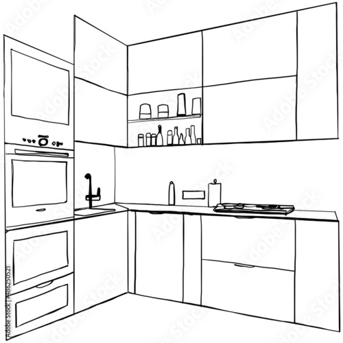 Kitchen sink. Worktop with sink. Furniture sketch
