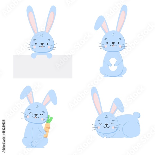 Set of sweet and cute blue bunny rabbits on white background in cartoon flat style. Vector clip art character children illustration.