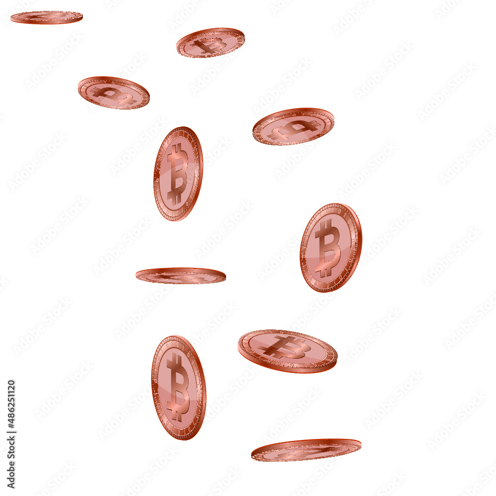 The falling bronze bitcoin isolated on a white background