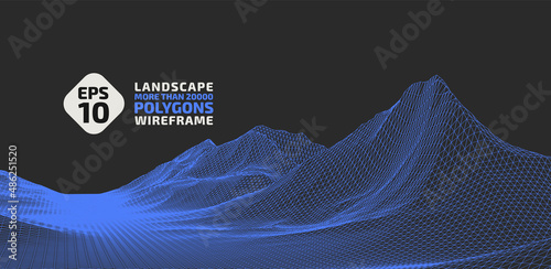 Abstract wireframe background. 3D grid technology, vector illustration landscape. Blue on Blue colors. Digital Terrain Cyberspace in Mountains with valleys. Data Array. Isolated object. Wide size.