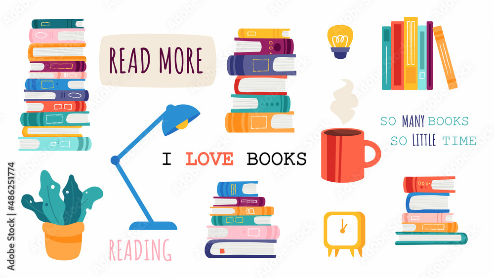 Book reading set. Design elements collection. Book pile,stack,plant, read phrases, love books,watch,bulb, idea,time,cup,lamp.Decorative cartoon elements