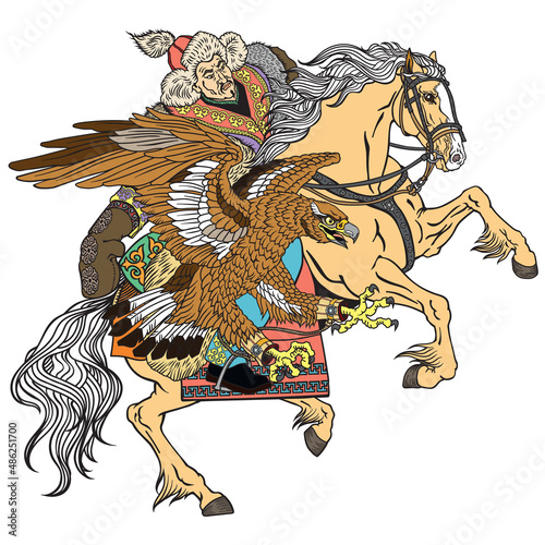 Hunting with golden eagle on a horse. Kazakh nomad hunter wearing a fur jacket, hat and skin gloves and sitting on pony horseback in the gallop. Traditional falconry in the Eurasian Steppe. Vector