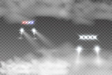 Realistic white glow round beams of car headlights, isolated on transparent background. Police car. Light from headlights. Police patrol.