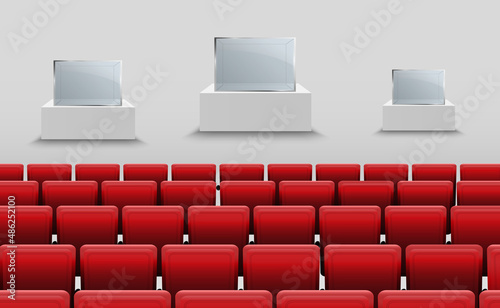 Theater stage with red seats and podium.Vector illustration.