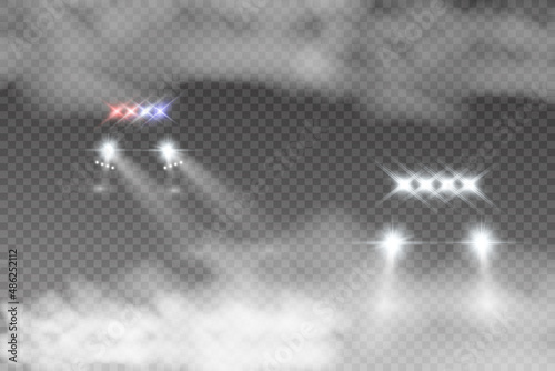 Realistic white glow round beams of car headlights, isolated on transparent background. Police car. Light from headlights. Police patrol.