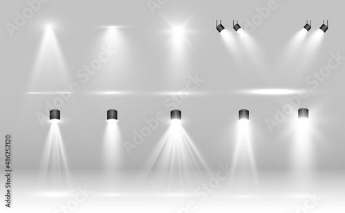 Collection of stage lighting  catwalk or platform  transparent effects. Bright lighting with spotlights. Light effect. Projector.