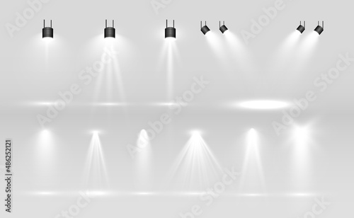 Collection of stage lighting  catwalk or platform  transparent effects. Bright lighting with spotlights. Light effect. Projector.