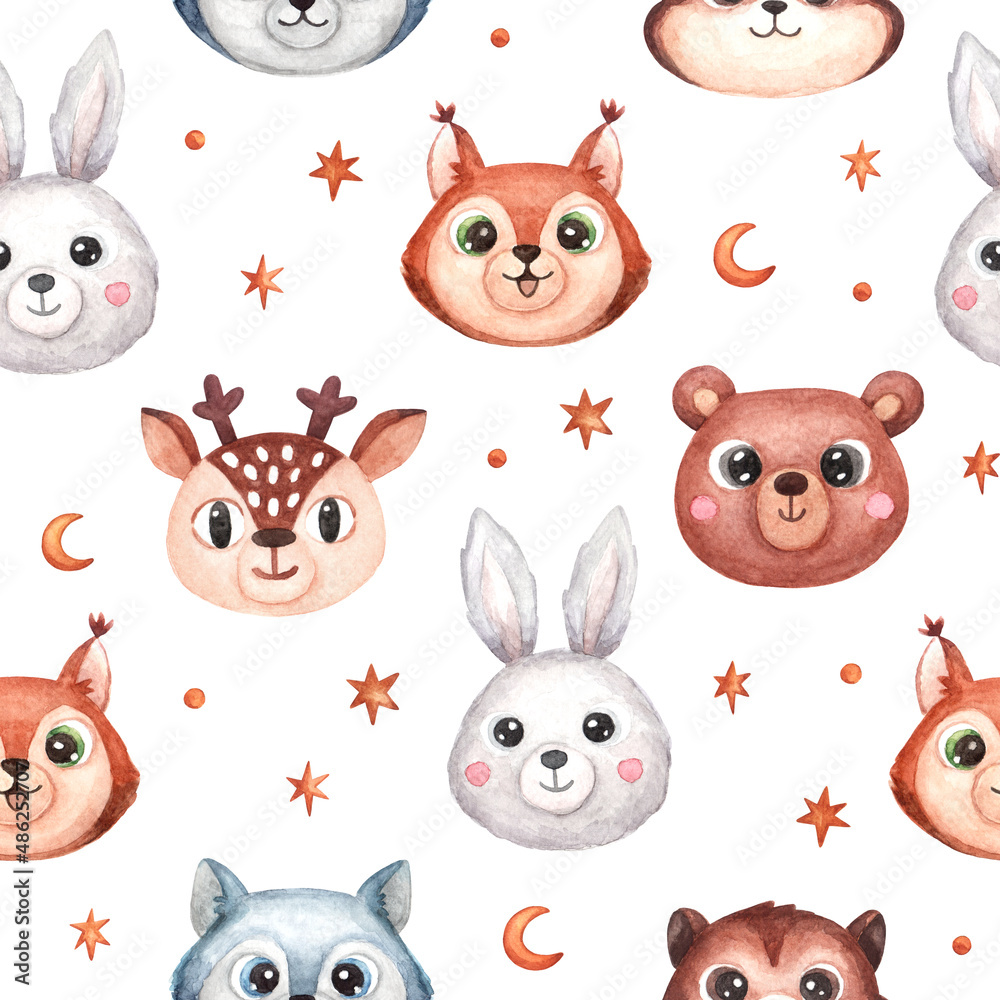 Fototapeta premium Seamless pattern with face or head of cute animals. Woodland animals wolf, squirrel, bear, rabbit, deer, chipmunk, with moon and stars. Watercolor illustration in cartoon style for kids