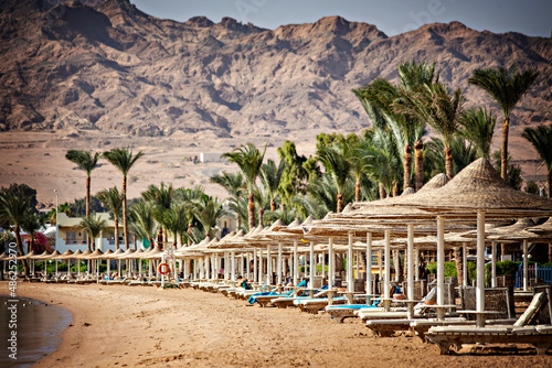 Bild auf Leinwand Beautiful beach with sun umbrellas in Dahab, Lagoona, Egypt