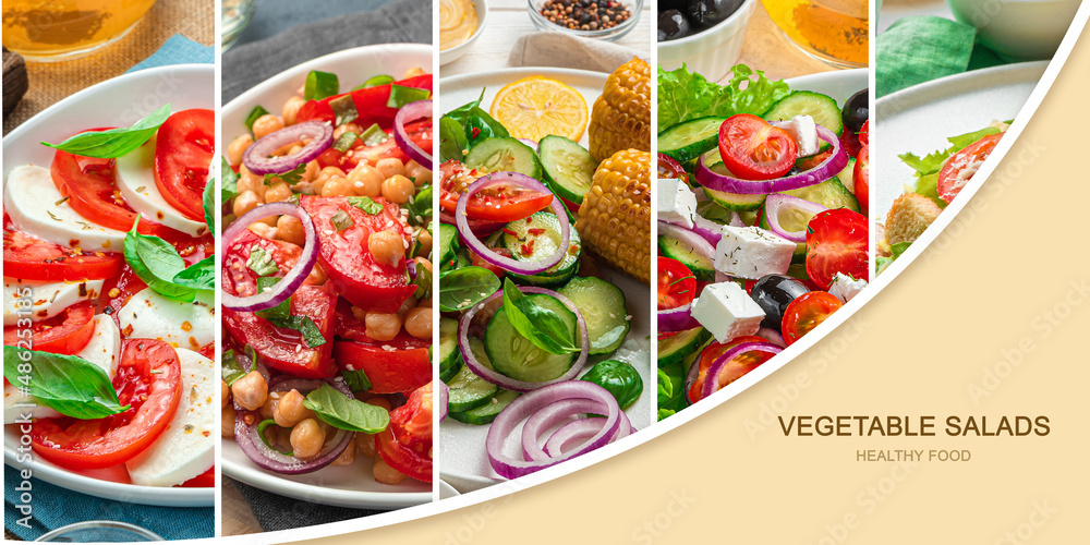 Collage with healthy vegetable salads, healthy food. Collage with healthy vegetable salads, healthy food.