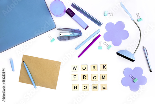 flatlay business, work from home, freelance, copywriting, top view laptop, notebook with work from home note on white background photo