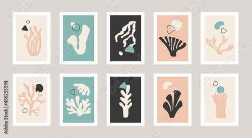 Set of ten abstract posters drawing in Henry Matisse style. Nature shapes, corals in drawing in pink, green, and gray colors.