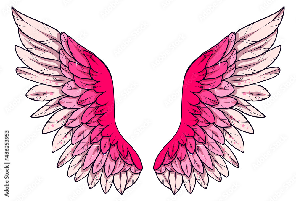 Beautiful magic glittery pink angel wings color vector illustration