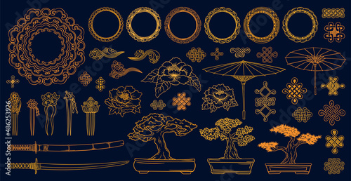 Asian doodles set. Asia culture symbols collection. Japanese traditional elements set. Samurai katana. Bonsai tree, peony flowers. Kimono ornament.